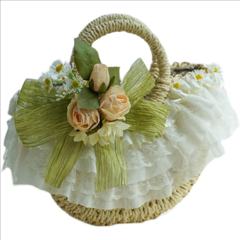 Women'S Bags Cross Body - Country-style Lolita lace straw woven bag,