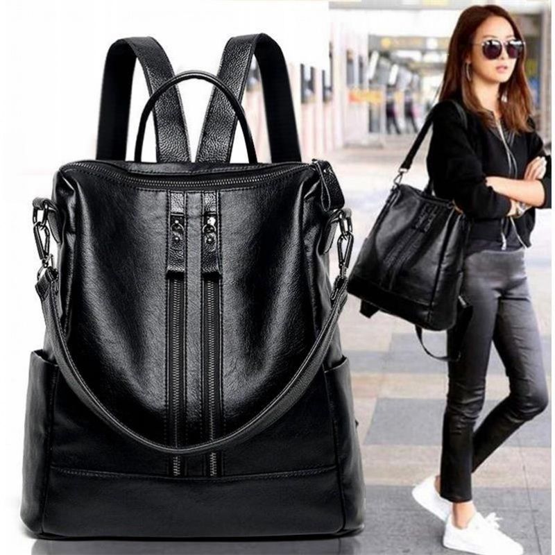 Women Bags College - Women Soft Leather Backpack School Black