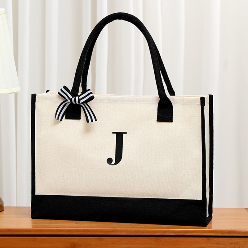 Women Bags College - Simple canvas letter tote bag for